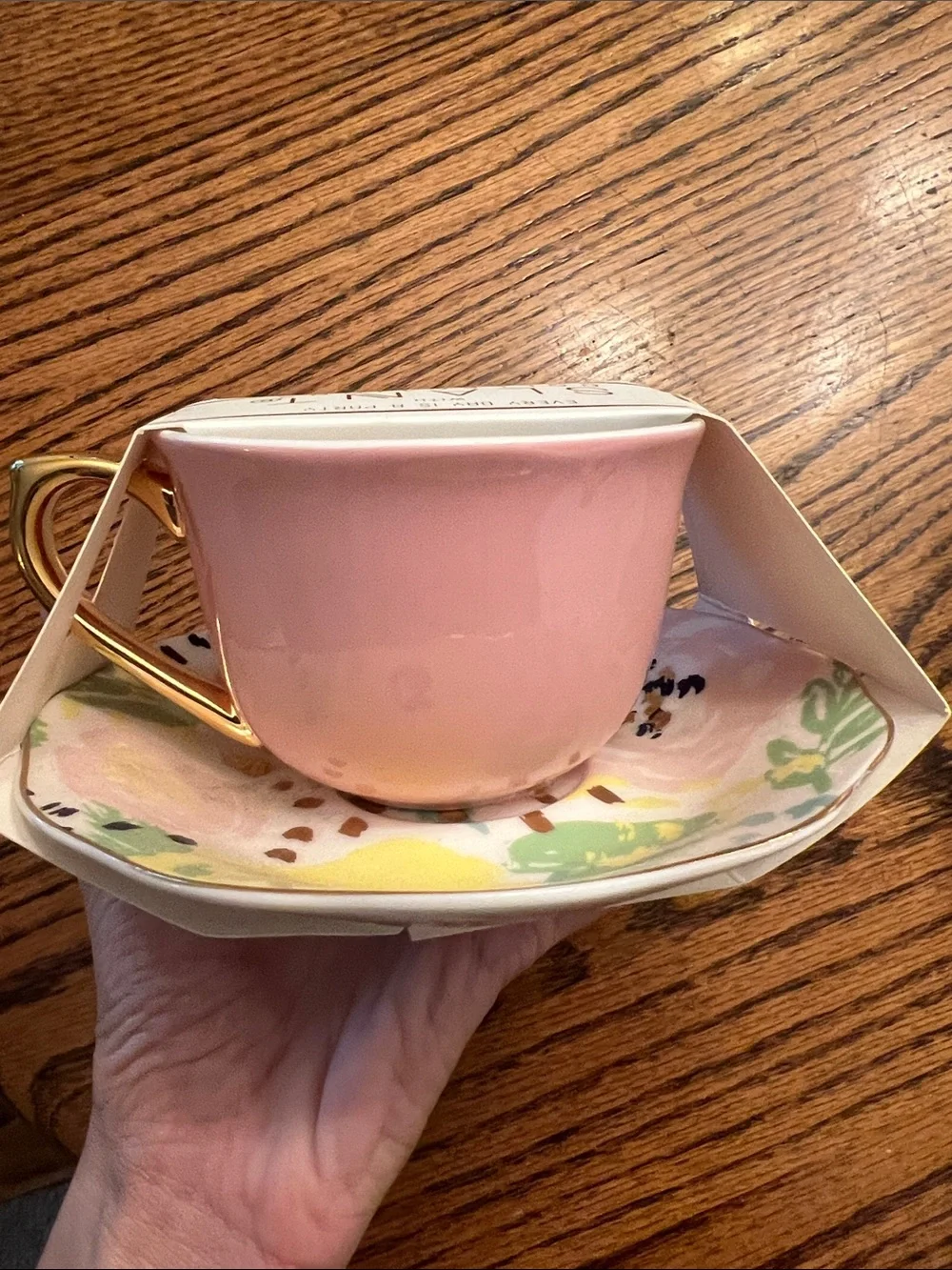 Slant Collections Pink Floral Teacup “Sereni-Tea” and Saucer Gold Handle NEW